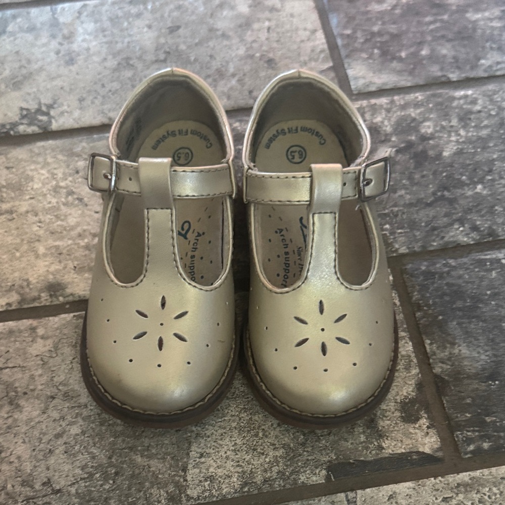 Kids Gold T-Strap Shoes